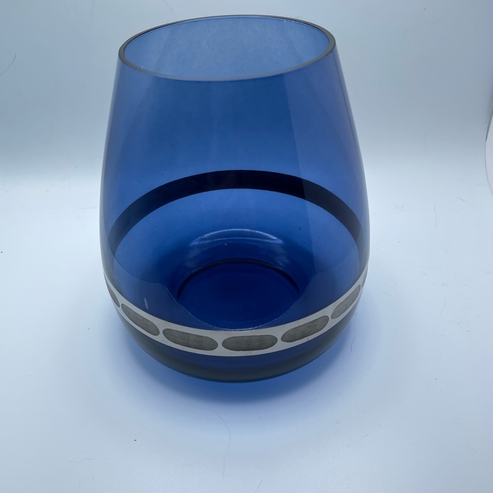 Cobalt Blue Teardrop Shaped Vase With Silver Etched Stripe Band